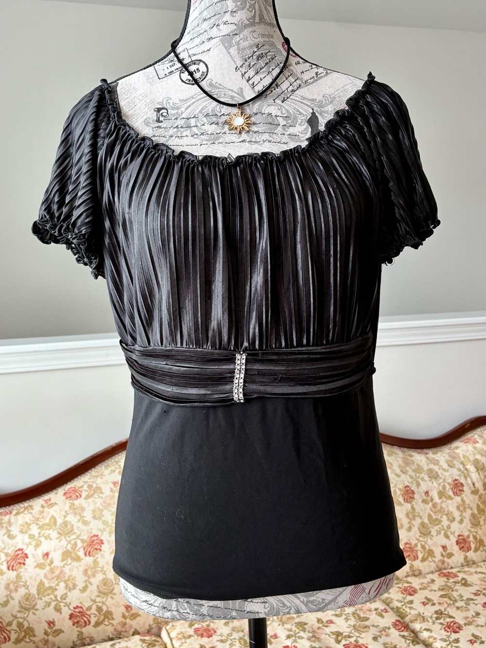 Vintage Camasini USA Black Pleated Bust Women's Top with Rhinestone Waist